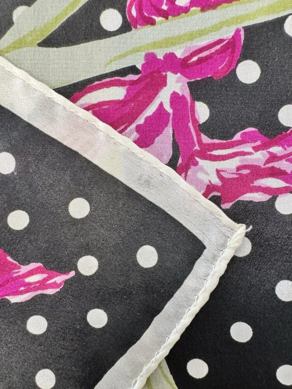 Vintage SILK Scarf, Black & White Polka Dots with Pink Florals 28.5